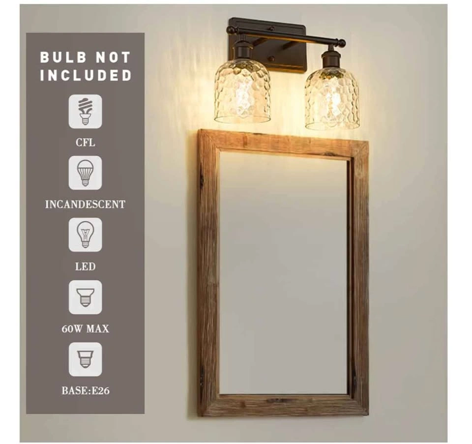 2-Light Bathroom Vanity Light with Clear Hammered Glass, Bronze - photo 5