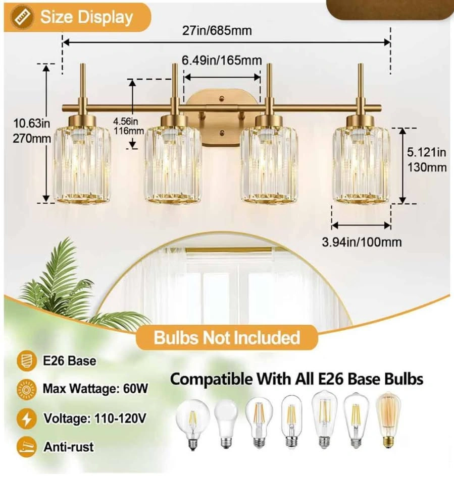 4-Light Gold Bathroom Light Fixtures Over Mirror - photo 4