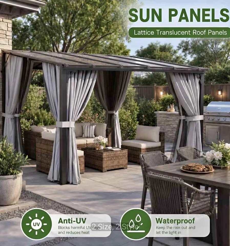 12x10' Lean-To Gazebo, Wall-Mounted Pergola with Drapes