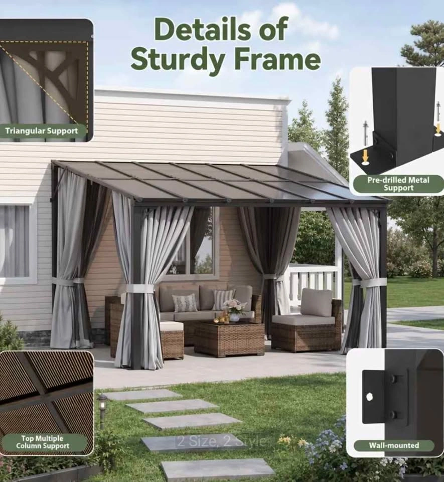 12x10' Lean-To Gazebo, Wall-Mounted Pergola with Drapes - photo 2