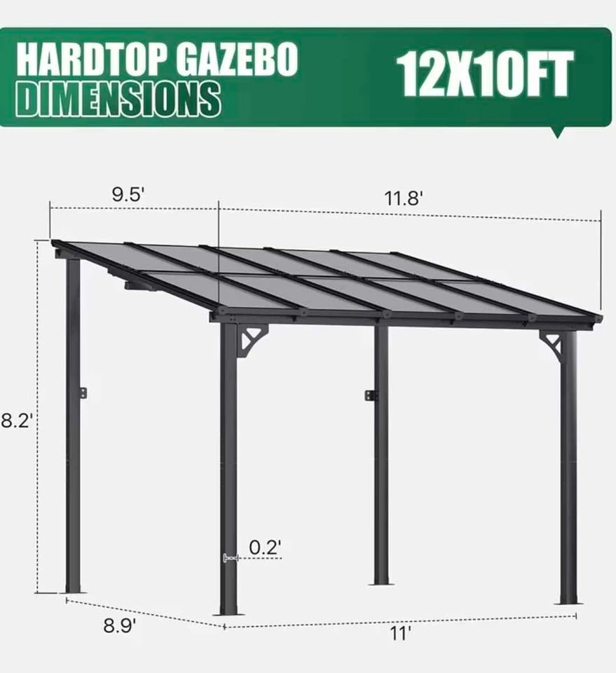 12x10' Lean-To Gazebo, Wall-Mounted Pergola with Drapes - photo 3