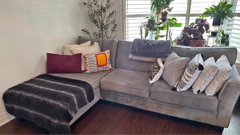 Grey Velvet Sectional Sofa with Chaise