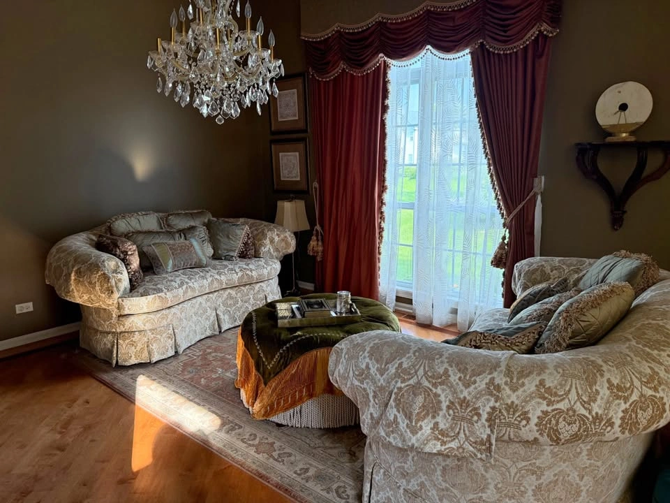 Taylor King Living Room Set: 2 Damask Sofas & Leather Ottoman
