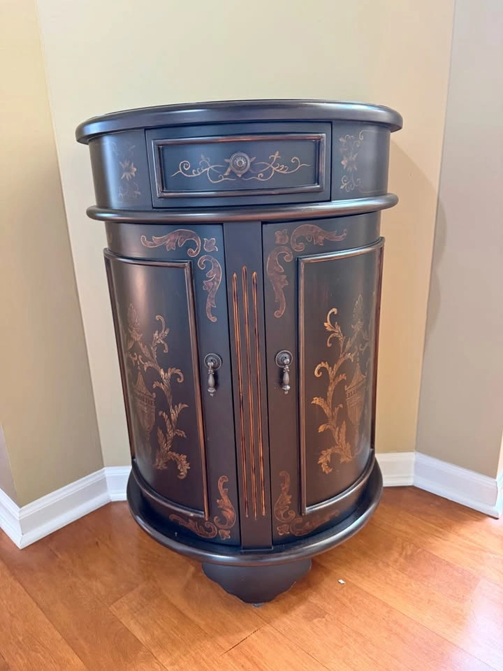 Black & Gold Ornate Demilune Accent Cabinet – Chinoiserie Style