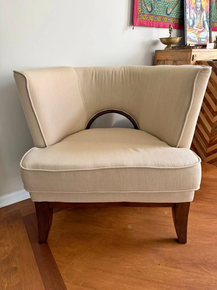 Sculptural Accent Chair – Cream Linen with Wood Porthole Back
