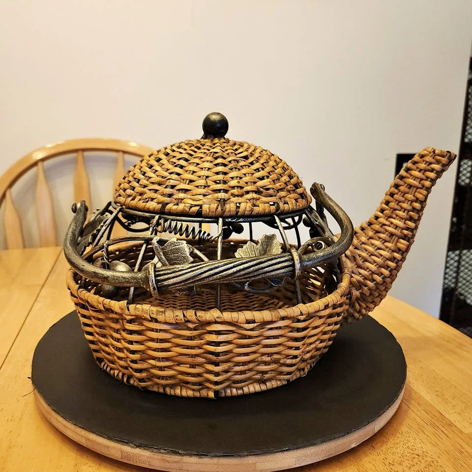 Beautiful Wicker Rattan and Iron Accented Tea Storage Basket