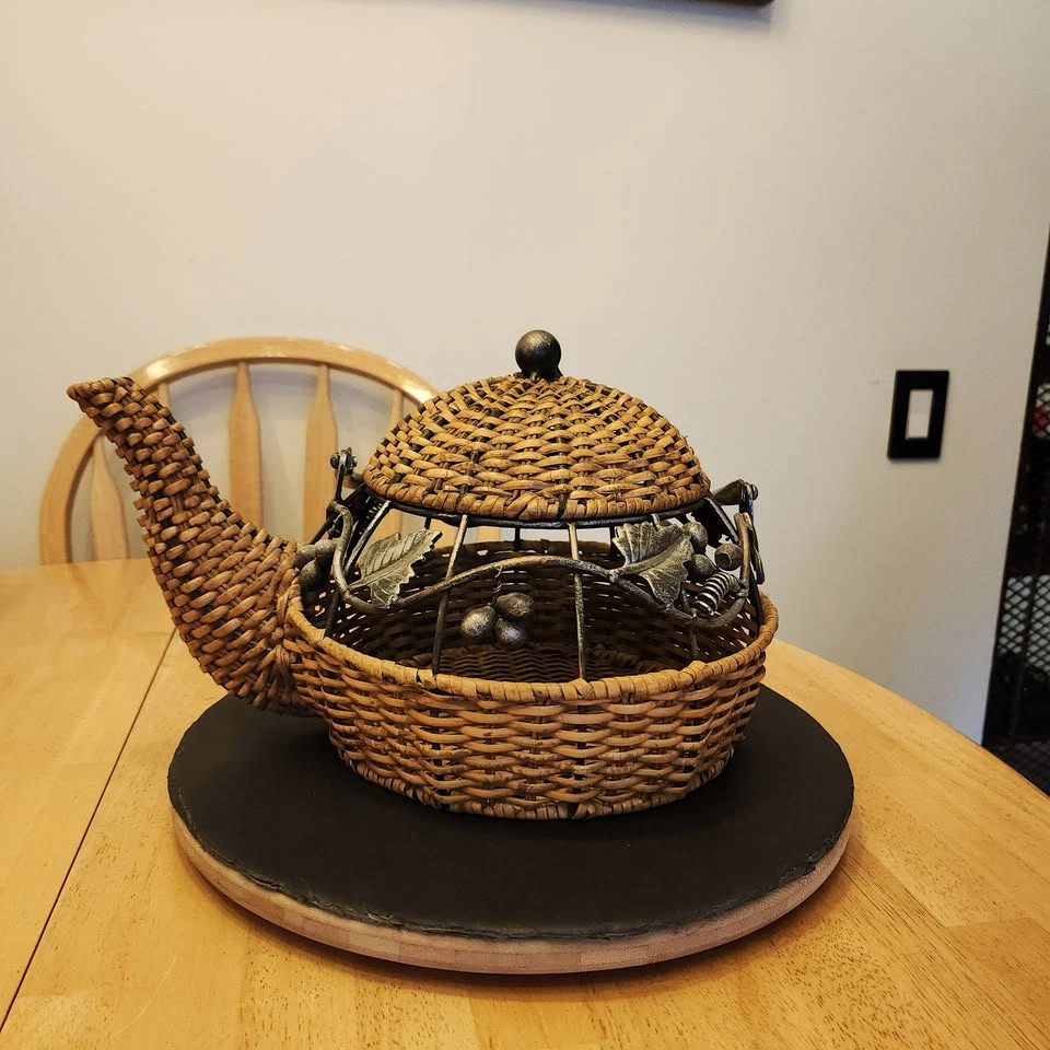 Beautiful Wicker Rattan and Iron Accented Tea Storage Basket - photo 2