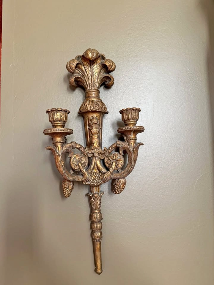 Gold Candle Wall Sconces – Set of 2 – Ornate Carved Wall Decor