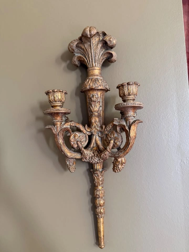 Gold Candle Wall Sconces – Set of 2 – Ornate Carved Wall Decor - photo 2