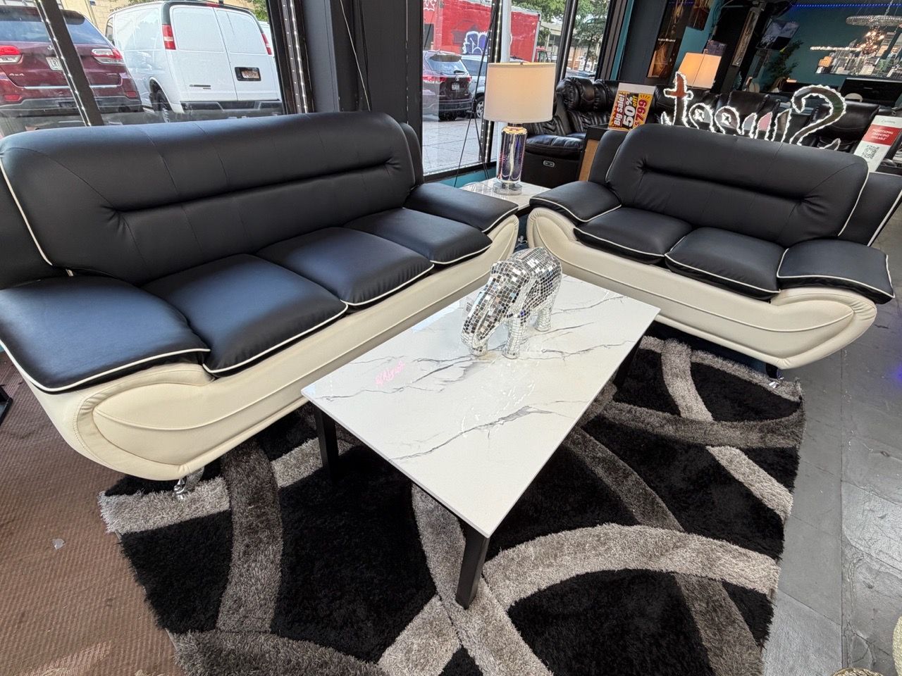 Black and Cream Two-Tone Leather Sofa Set
