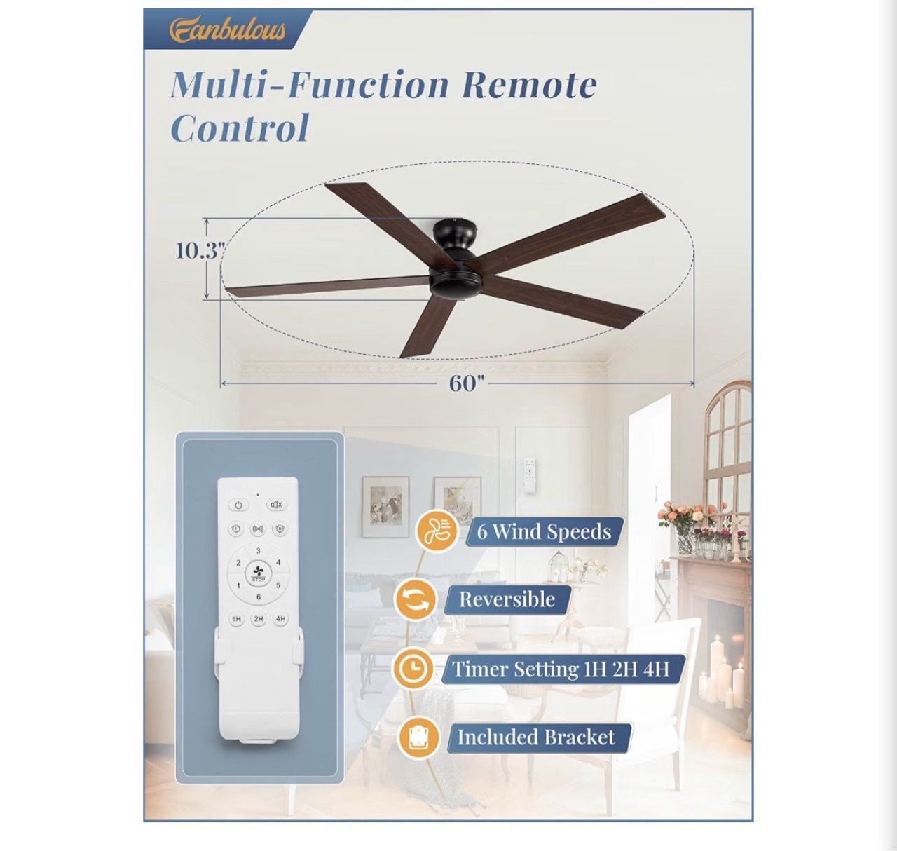 New 60 Inch Ceiling Fan no Light, Flush Mount Low Profile, Black - photo 2