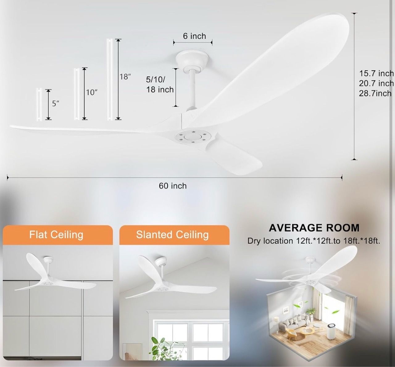 New 60 Inch White Ceiling Fan No Light with remote control - photo 3