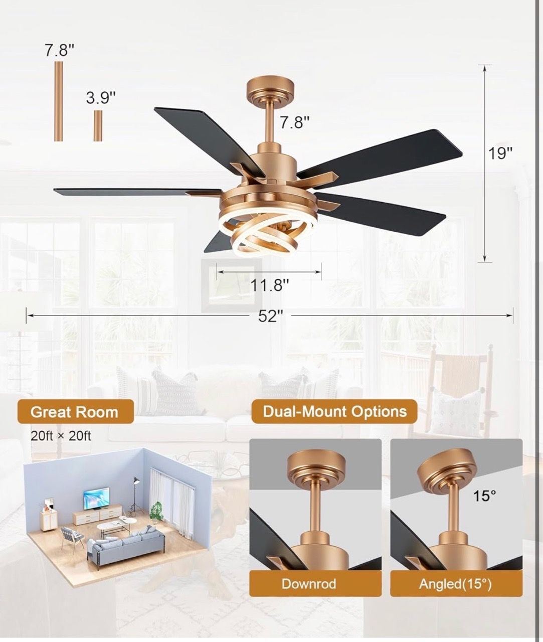 New 52" Gold Modern Chandelier Fandelier Ceiling Fan - photo 2