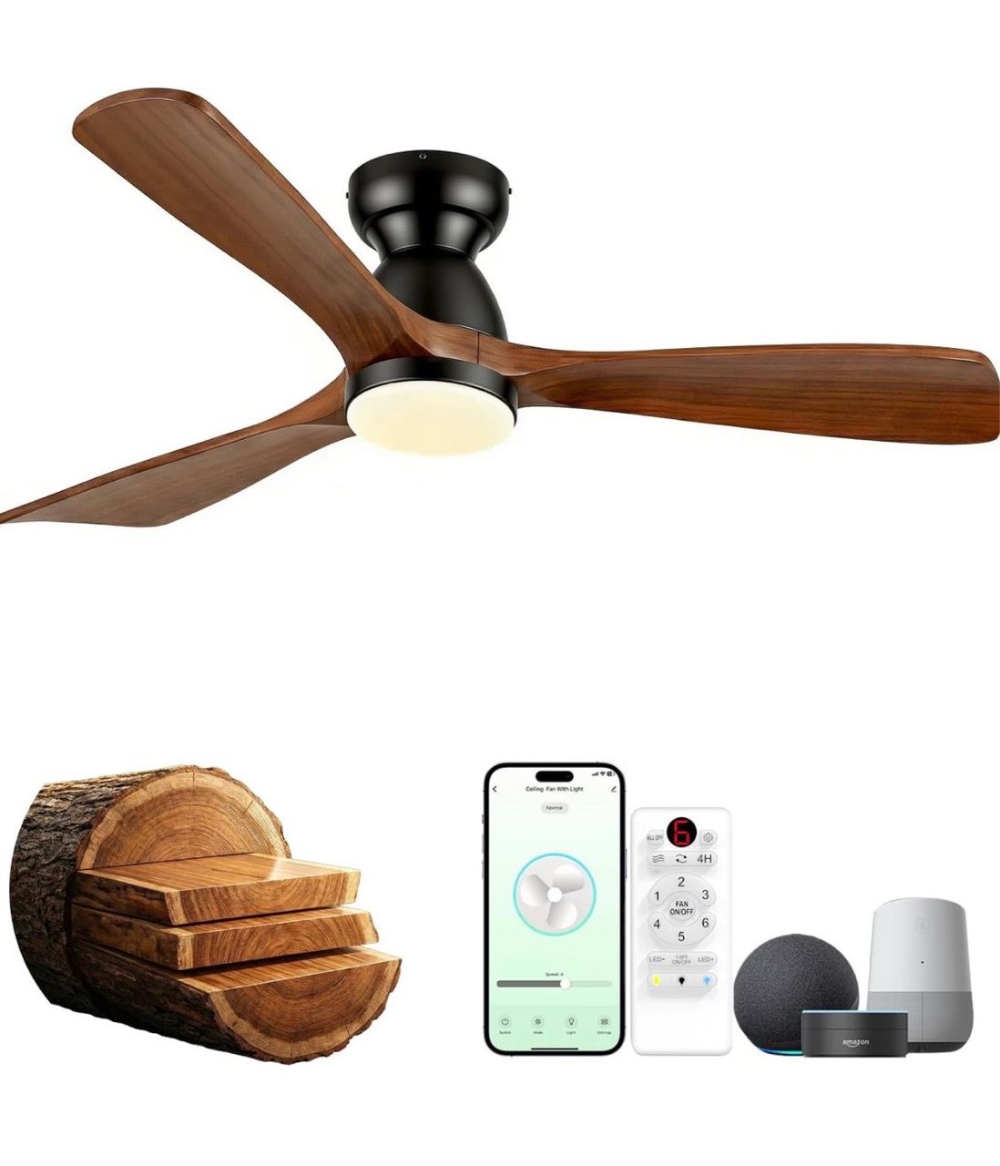 New 52in Smart Flush Mount Ceiling Fan with Lights