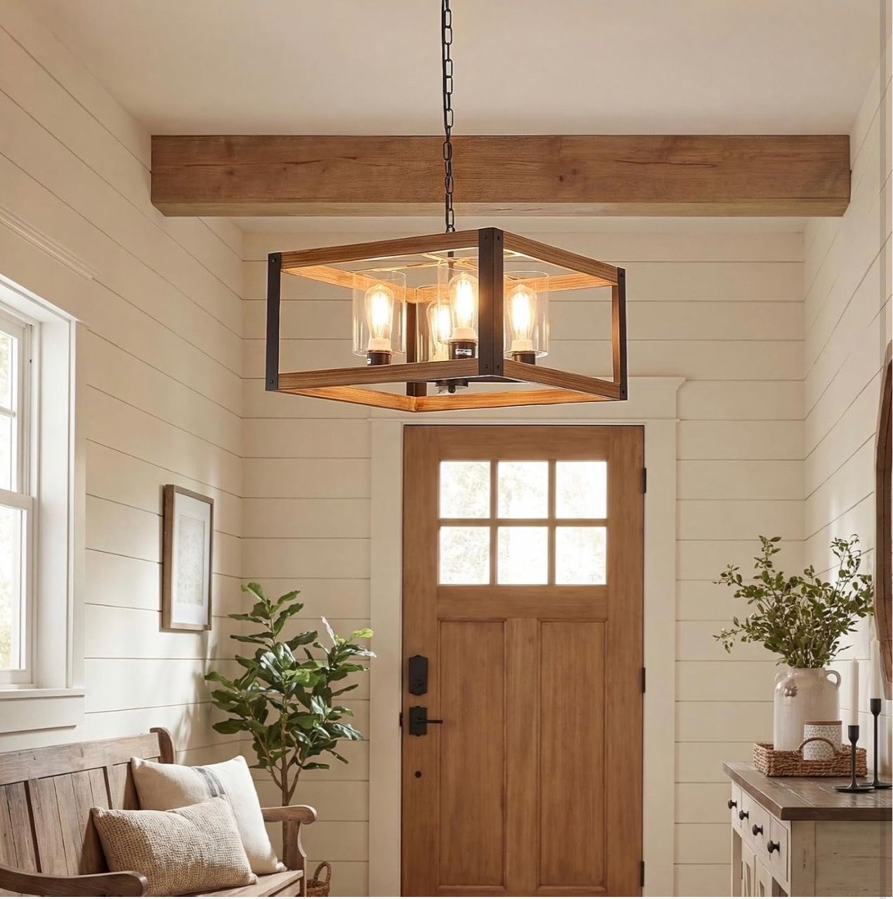 New Farmhouse Square Chandelier, 20" Rustic Wood Finish - photo 2
