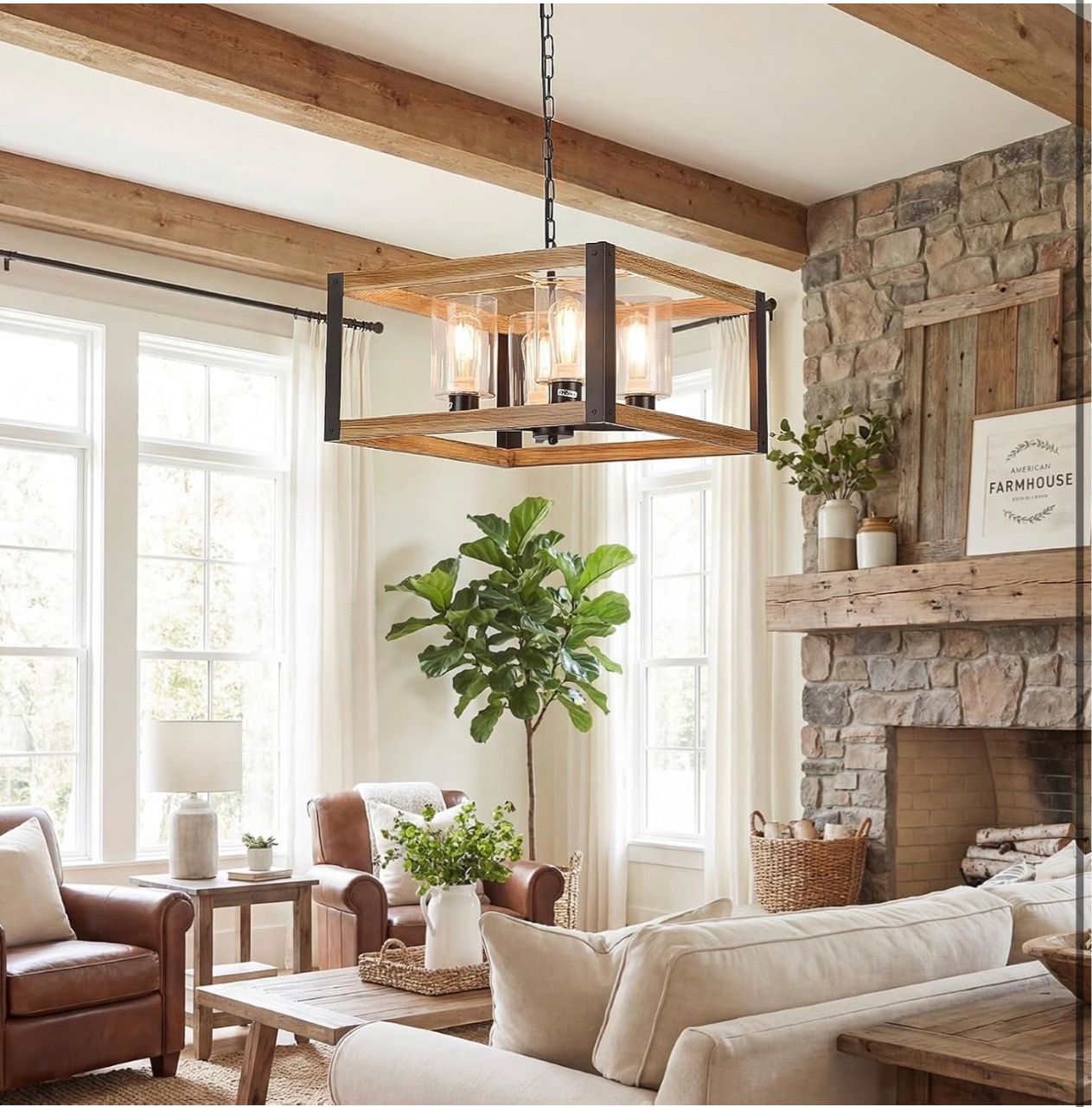 New Farmhouse Square Chandelier, 20" Rustic Wood Finish - photo 3
