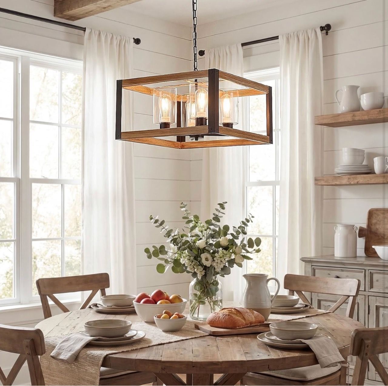 New Farmhouse Square Chandelier, 20" Rustic Wood Finish - photo 4