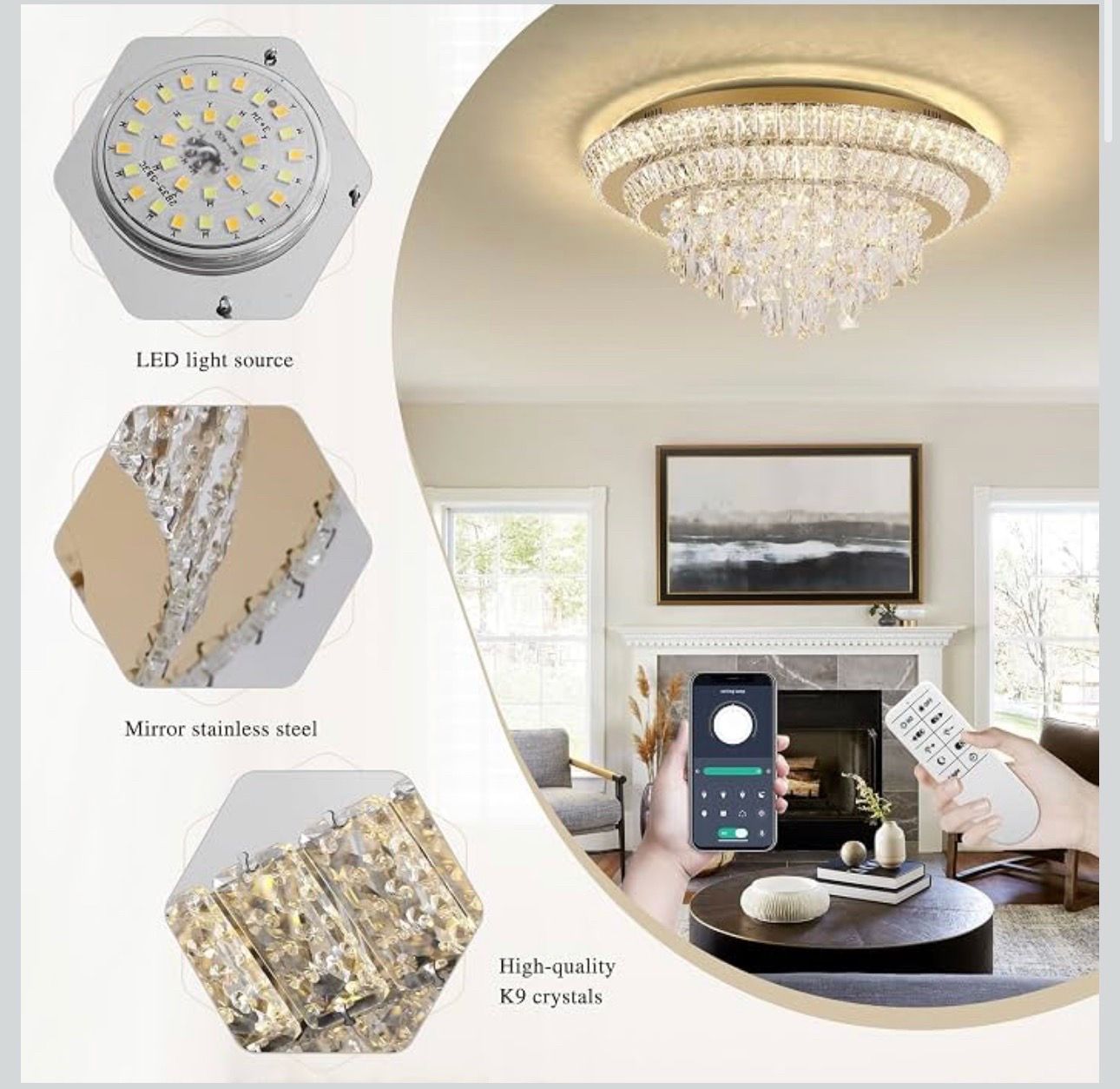 New 24" Flush Mount Crystal Chandeliers with Remote and APP - photo 2