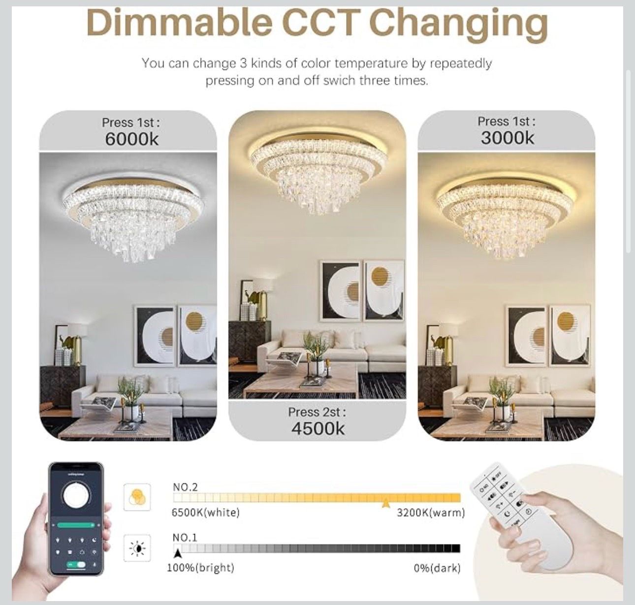 New 24" Flush Mount Crystal Chandeliers with Remote and APP - photo 3