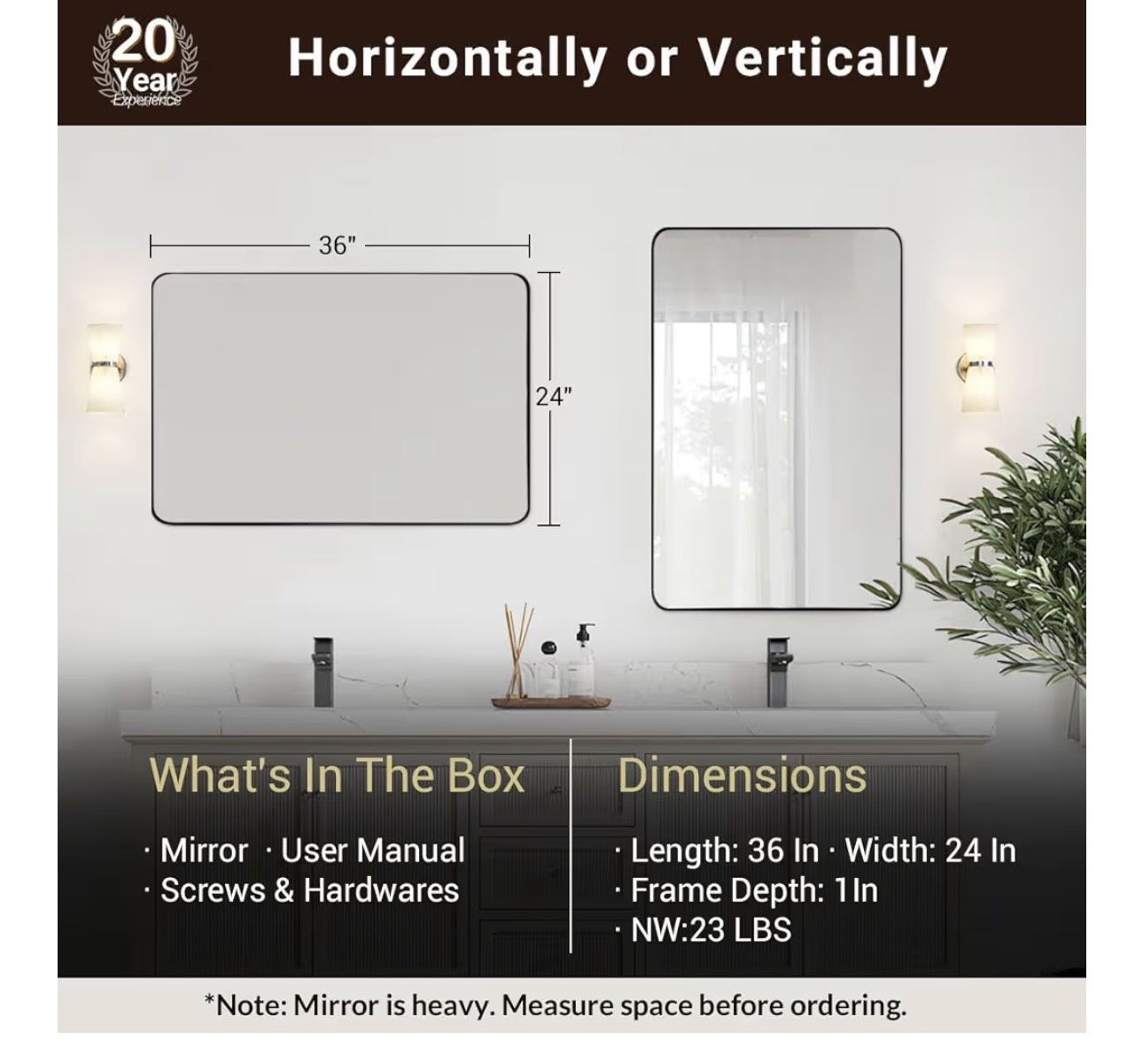 New ANDY STAR Wall Mirror for Bathroom, 24x36 Inch Black - photo 3