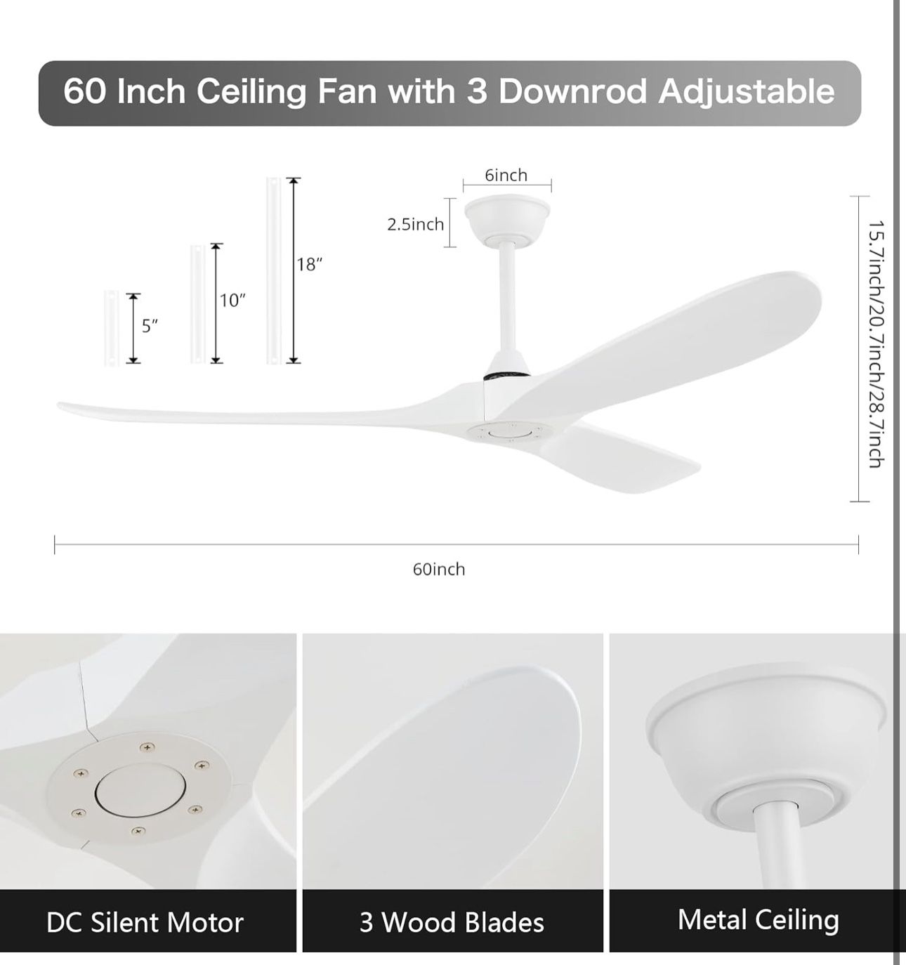 New 60'' White Indoor/outdoor Ceiling Fan without Light - photo 2