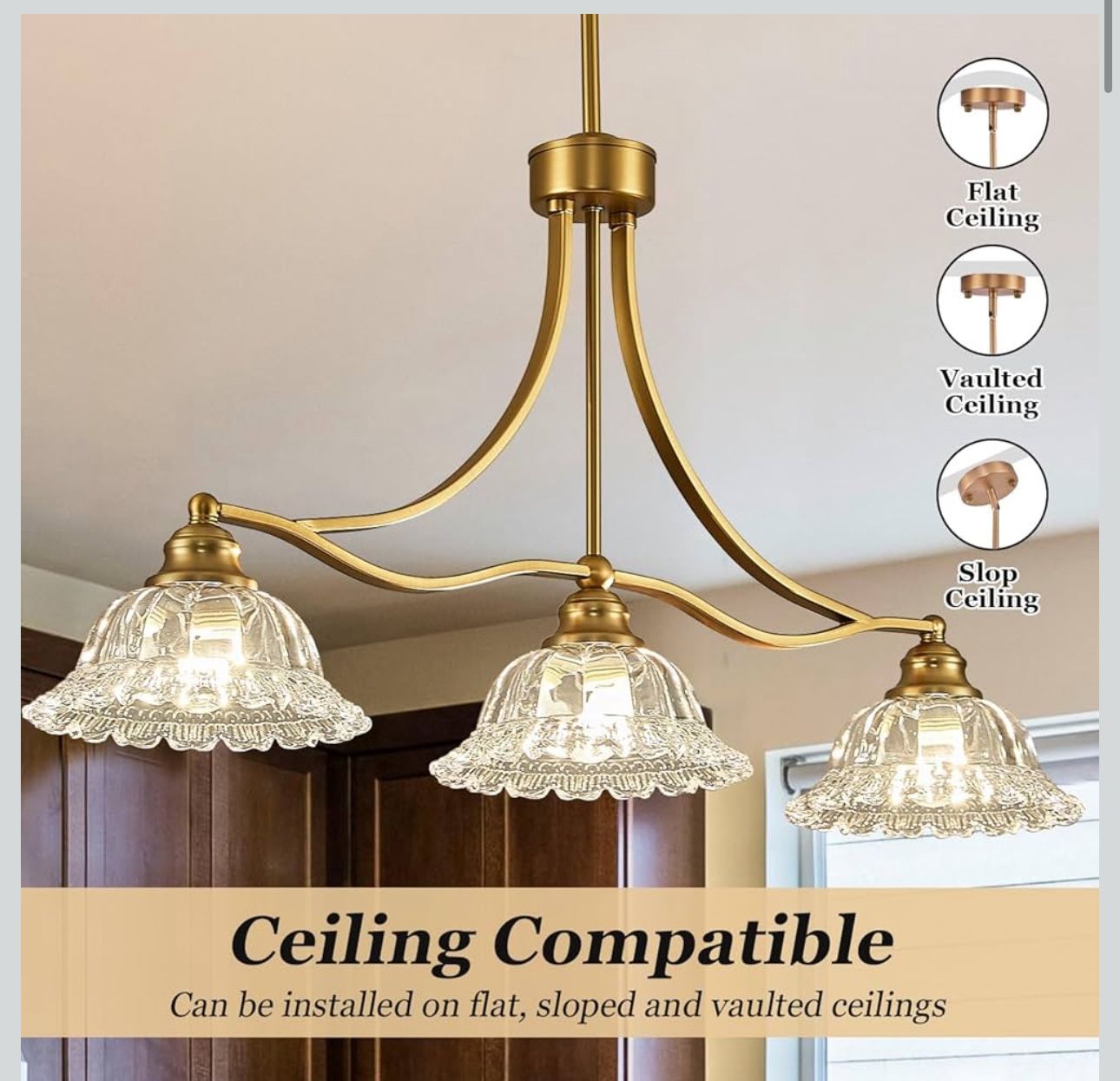 New 3-Light Golden Vintage Pendant Lighting with Flower Glass Sh - photo 2