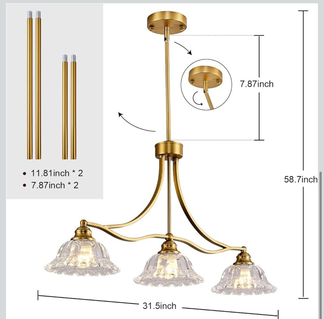 New 3-Light Golden Vintage Pendant Lighting with Flower Glass Sh - photo 5