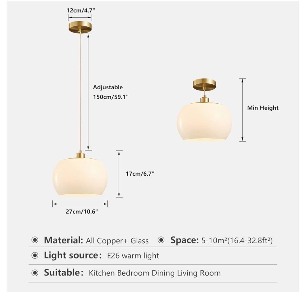 New BOKT 1-Light Gold Dome Pendant Light Mid Century Modern - photo 3