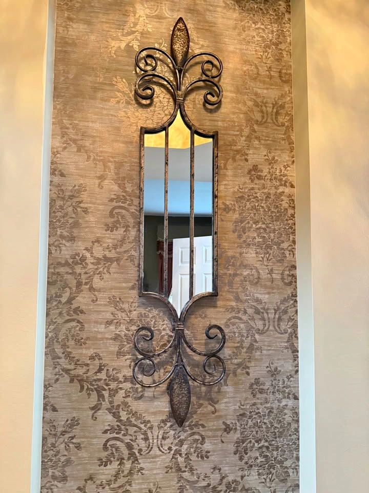 Tall Narrow Wall Mirror – Bronze/Gold Scroll Iron Frame