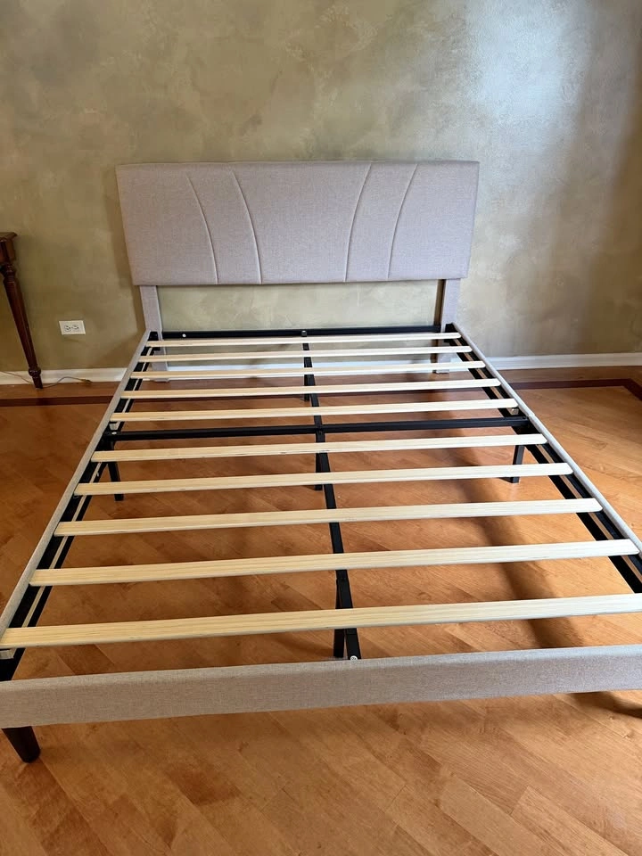 Queen Upholstered Platform Bed Frame – Neutral Beige – Modern