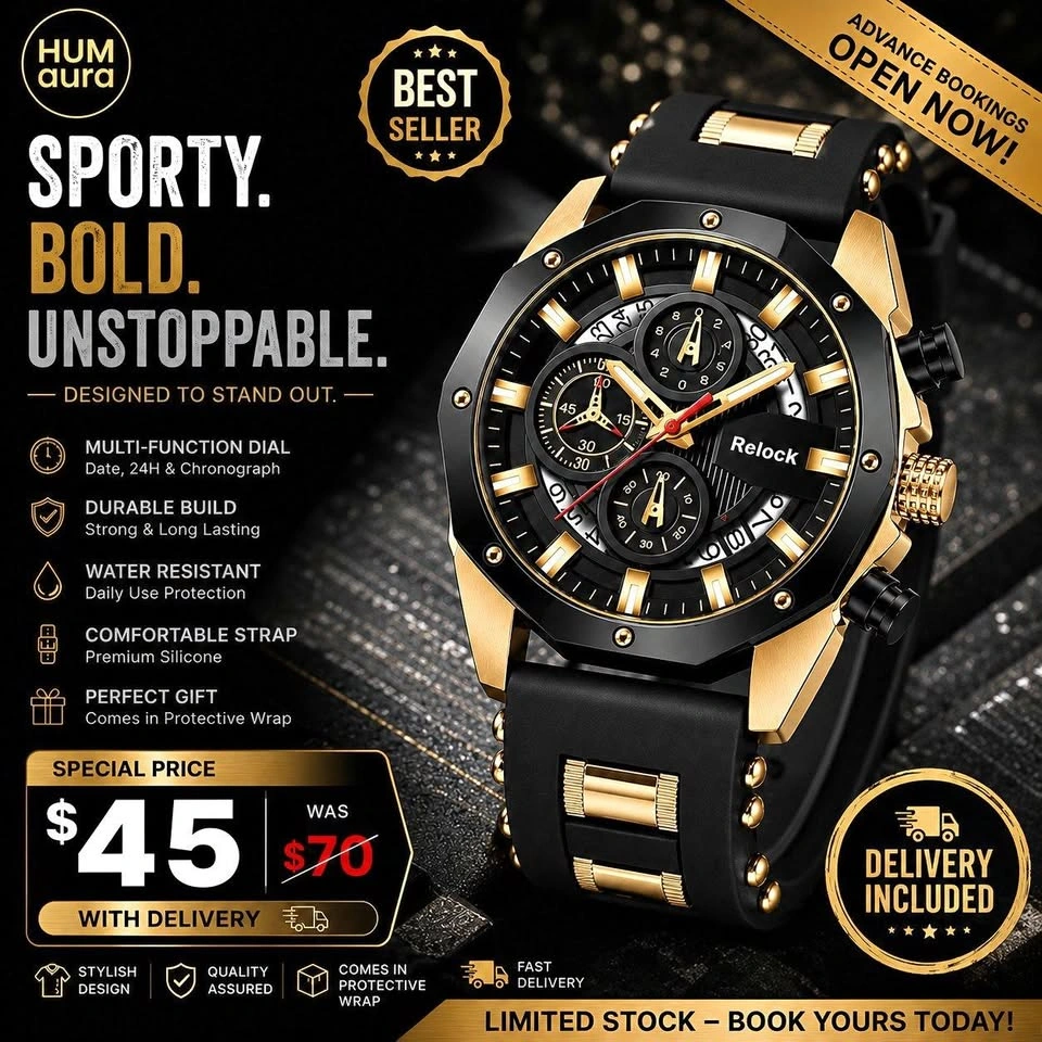 Men’s Luxury Sport Chronograph Watch – Black & Gold