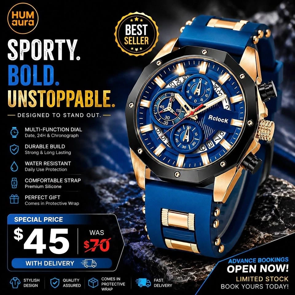 Men’s Luxury Sport Chronograph Watch – Blue & Gold