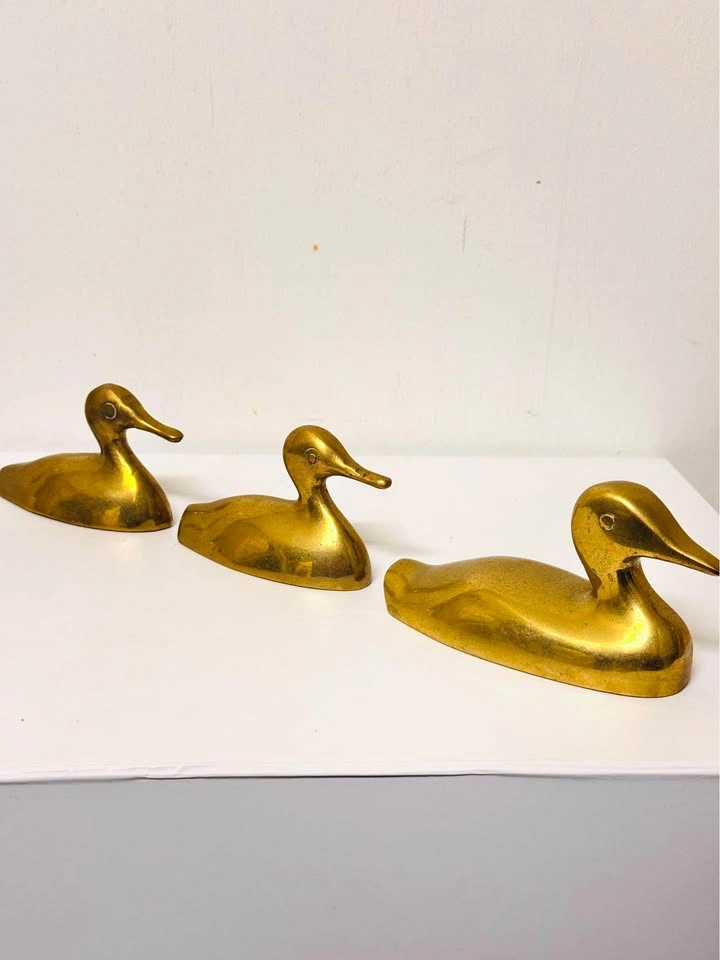 Vintage Solid Heavy Brass Mother & 2 Babies Duck Figurines - Set
