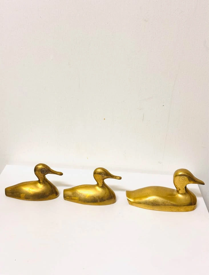 Vintage Solid Heavy Brass Mother & 2 Babies Duck Figurines - Set - photo 2