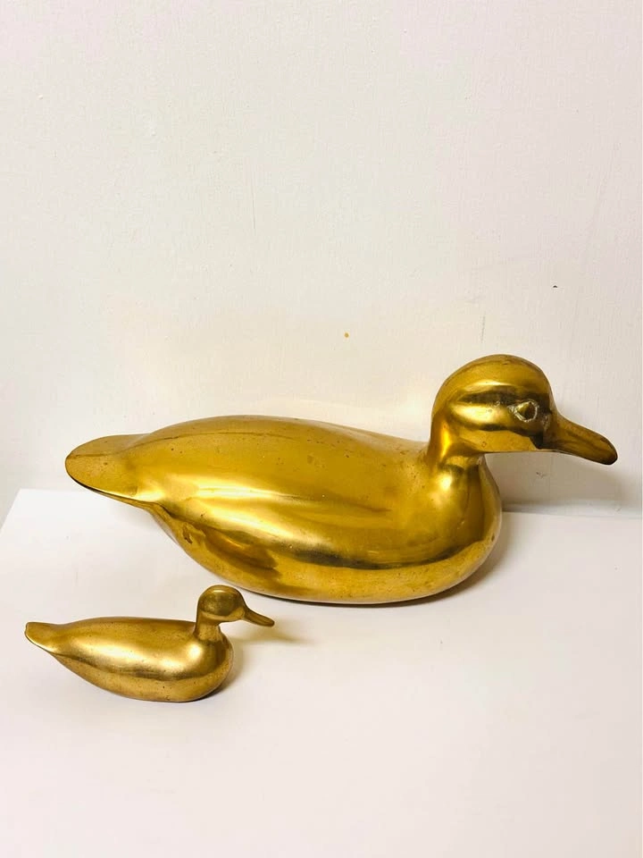 Vintage Solid Heavy Brass Large Mother & Baby Duck Figurines