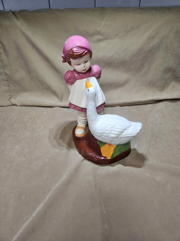 Vintage Ceramic Little Girl with Goose Figurine – 9" Tall
