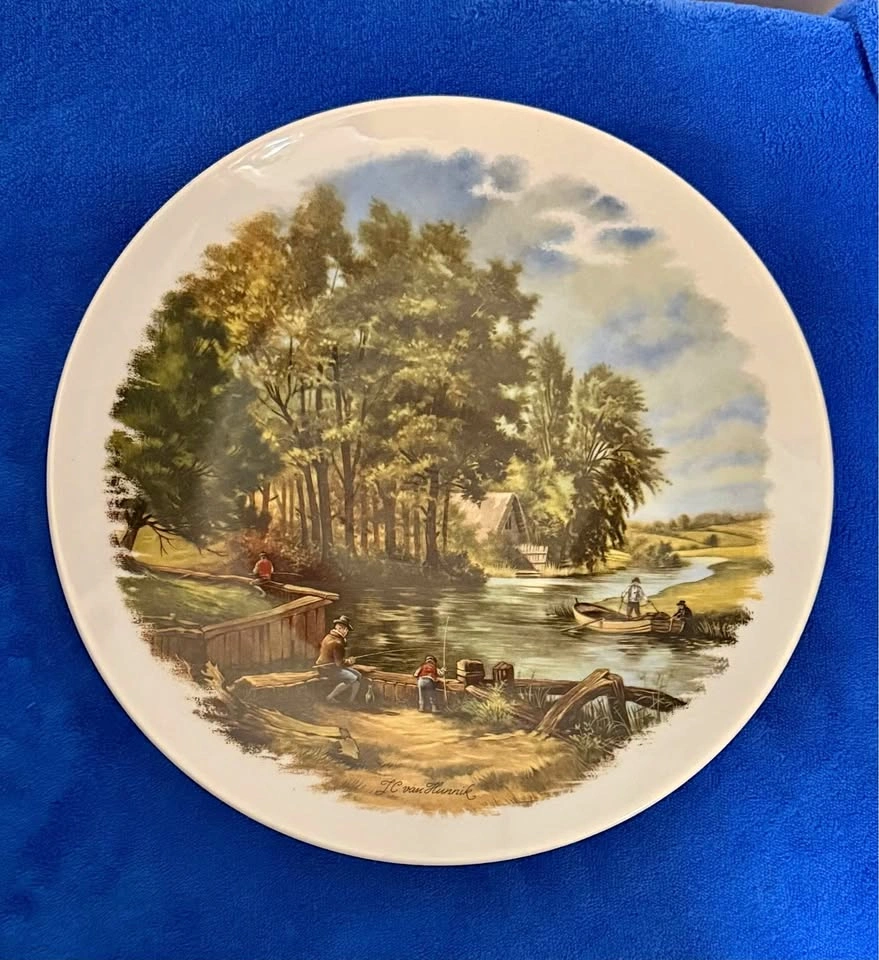 Signed Van Hunnik Vintage Limoges Porcelain Fishing Plate