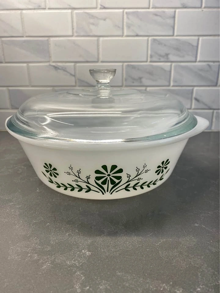 Vintage Glasbake Green Daisy Lidded Casserole J514 2 QTs