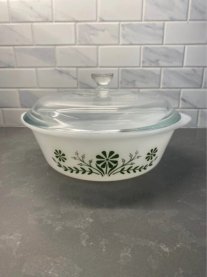 Vintage Glasbake Green Daisy Lidded Casserole J514 2 QTs - photo 2