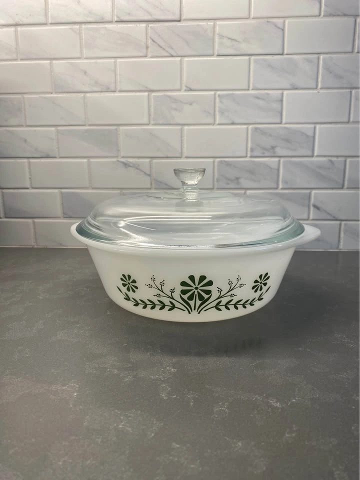 Vintage Glasbake Green Daisy Lidded Casserole J514 2 QTs - photo 3