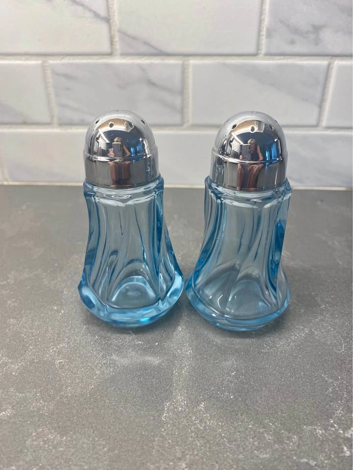 Fostoria Jamestown Pattern, Blue Glass Salt and Pepper Shakers