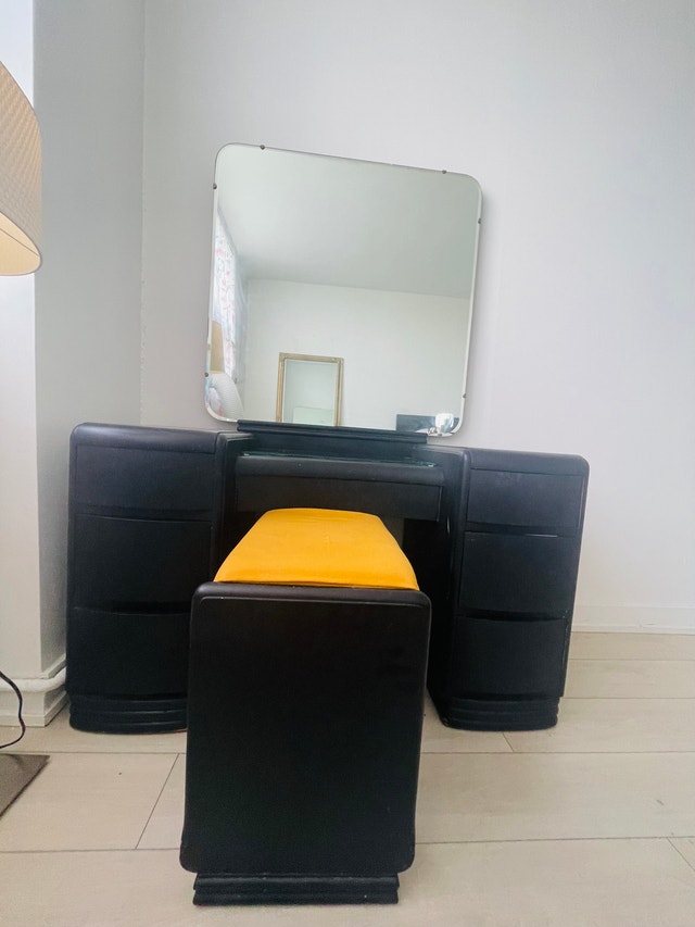 Black Vanity with Mirror and Bench