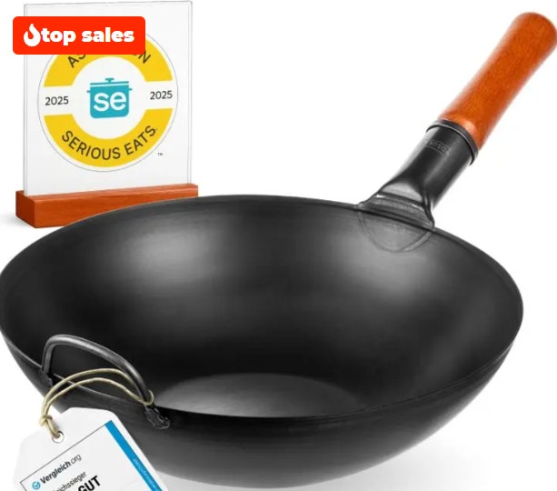YOSUKATA 34 cm Pre-Seasoned Flat Bottom Black Carbon Steel Wok