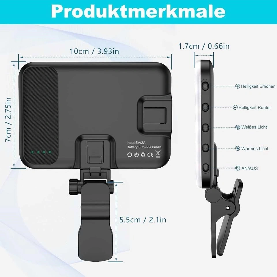Selfie Light - 60 LED / 2200MAh - Rechargeable Clip Fill Video L - photo 2