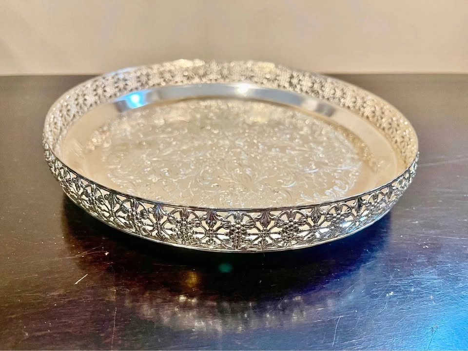 Vintage Silver-Plated Round Gallery Tray