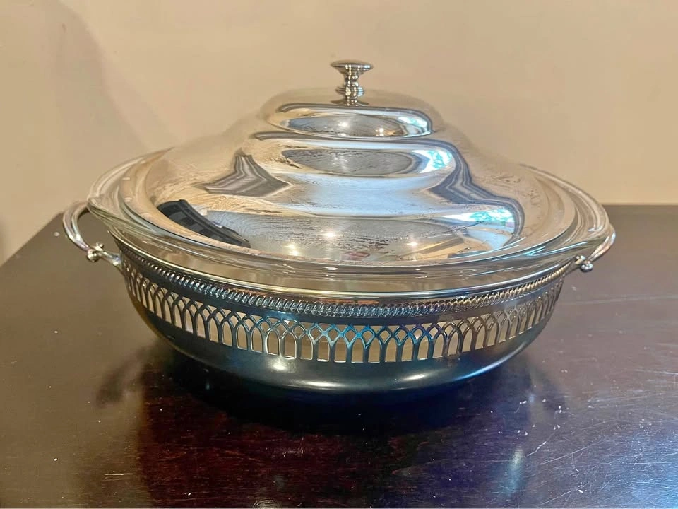Vintage Large Primrose Silver-Plated Casserole Dish & Pyrex