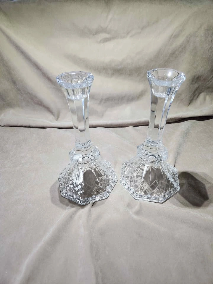 Vintage Crystal Cut Glass Candlestick Holders – Set of 2 (8" Tal