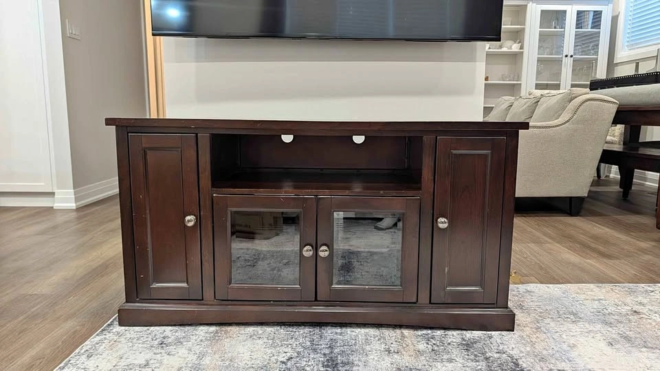 Dark Wood TV Stand Media Console with Glass Doors from The Brick