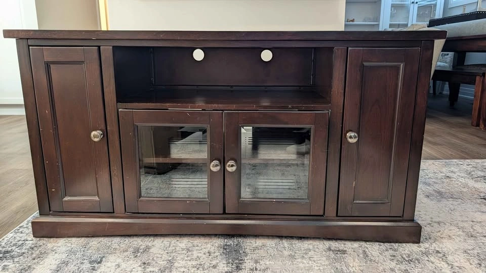Dark Wood TV Stand Media Console with Glass Doors from The Brick - photo 3