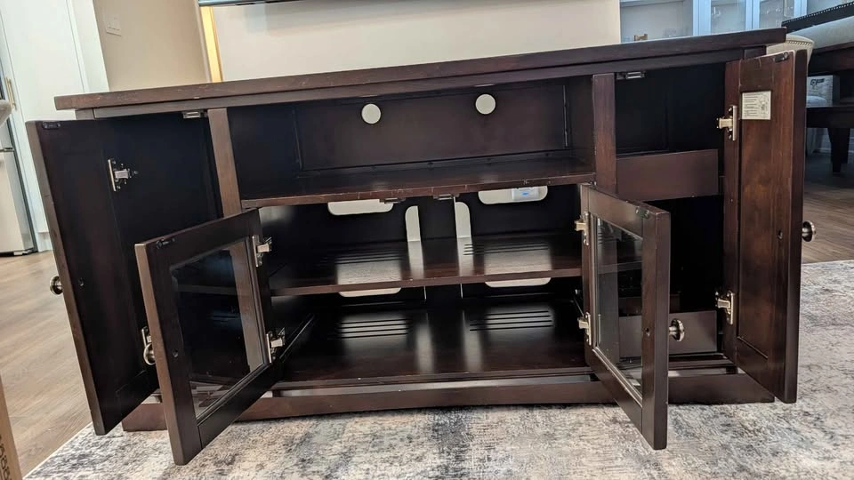 Dark Wood TV Stand Media Console with Glass Doors from The Brick - photo 5